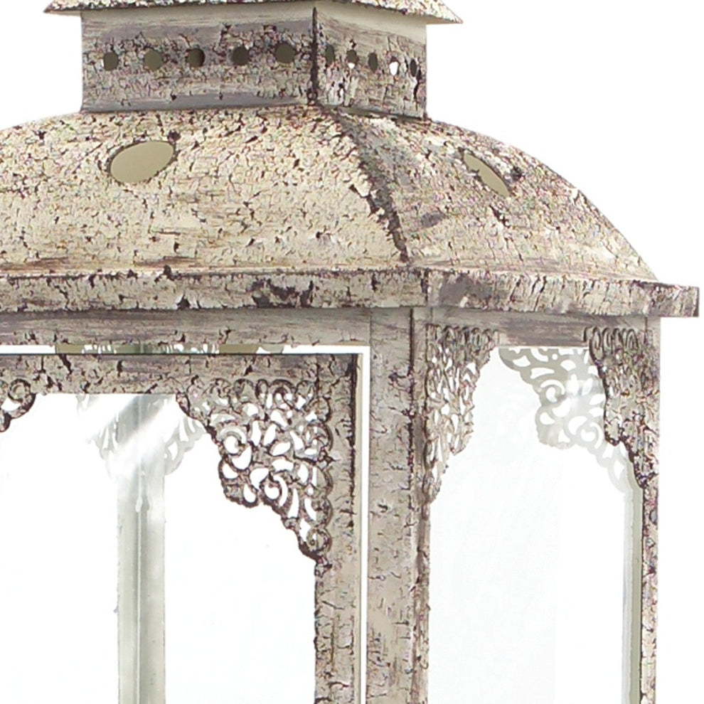 Set of Two Beige Glass and Metal Distressed Floor Lantern Candle Holders By Homeroots | Candle Holders | Modishstore - 5