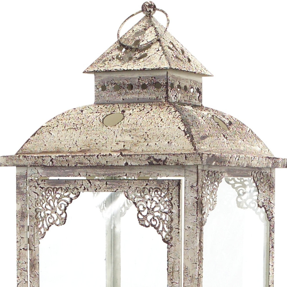 Set of Two Beige Glass and Metal Distressed Floor Lantern Candle Holders By Homeroots | Candle Holders | Modishstore - 7