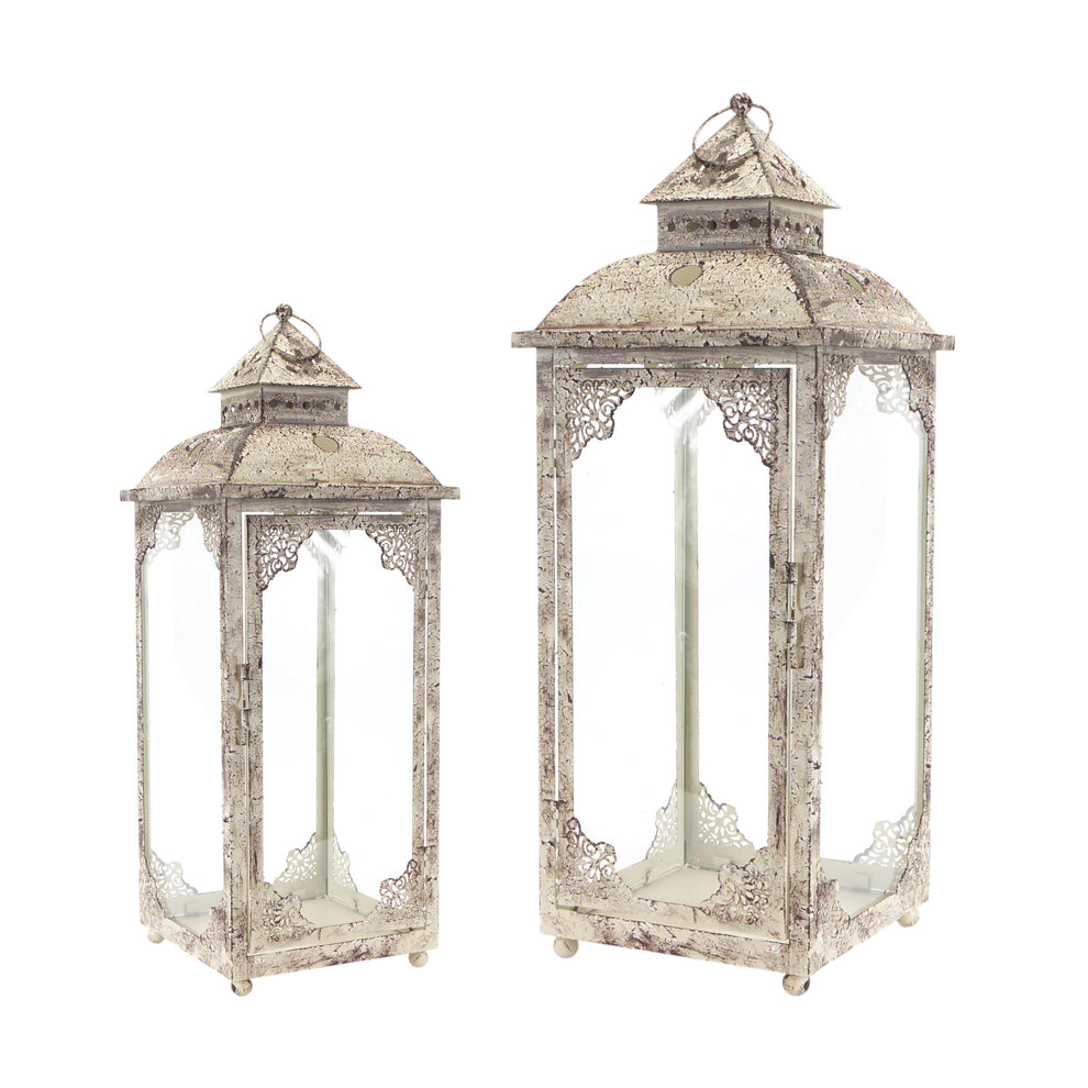 Set of Two Beige Glass and Metal Distressed Floor Lantern Candle Holders By Homeroots | Candle Holders | Modishstore - 2