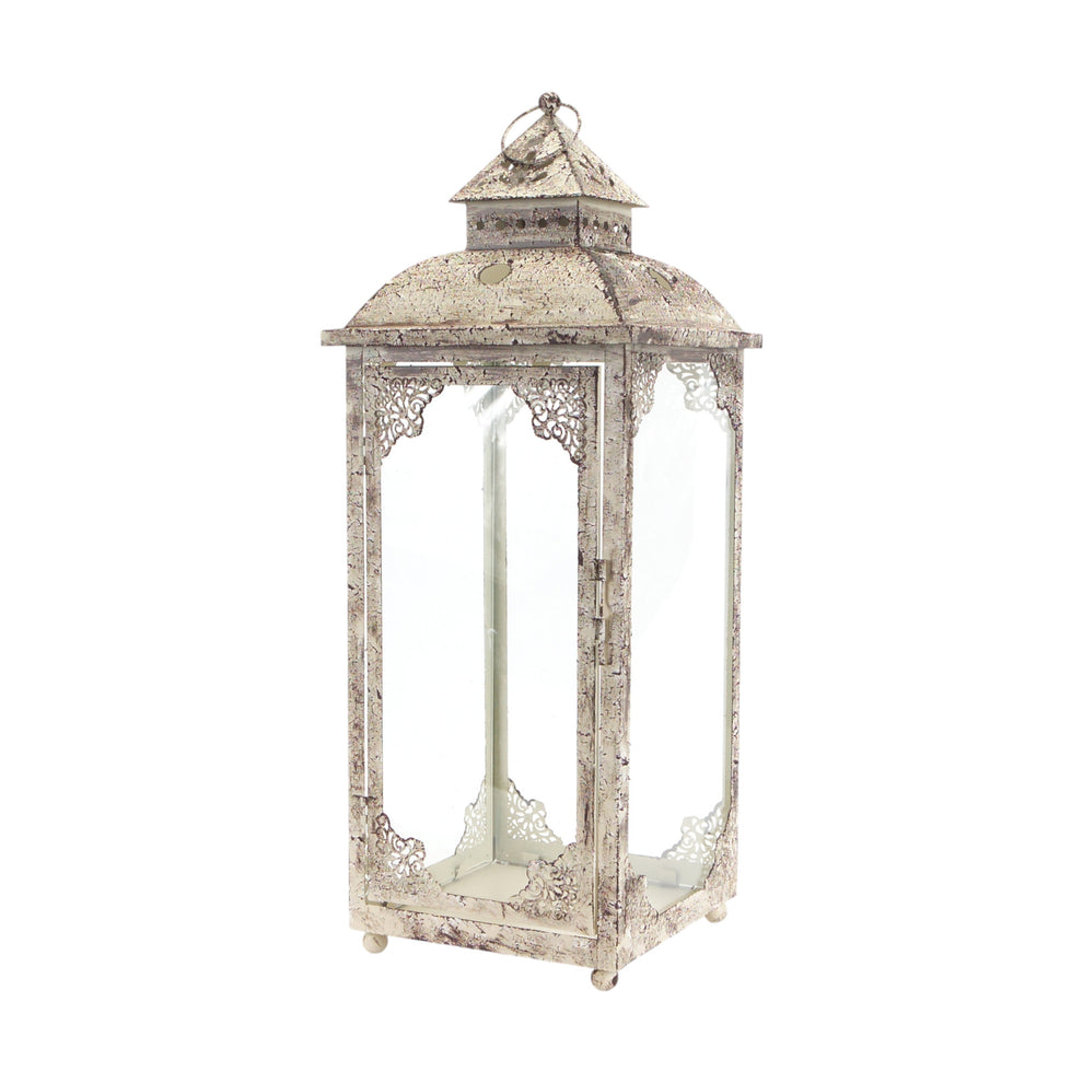 Set of Two Beige Glass and Metal Distressed Floor Lantern Candle Holders By Homeroots | Candle Holders | Modishstore - 3