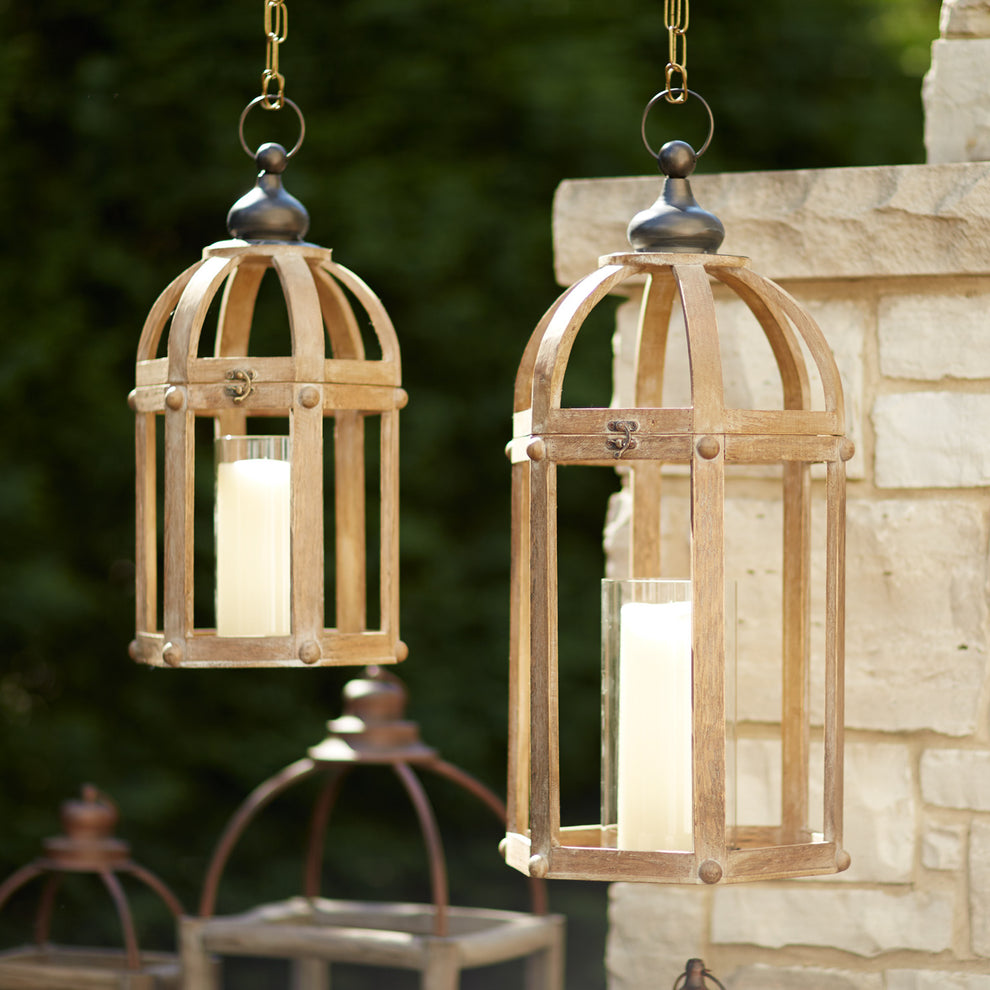 Set of Two Brown Wood and Glass Floor Lantern Candle Holders By Homeroots | Candle Holders | Modishstore - 6
