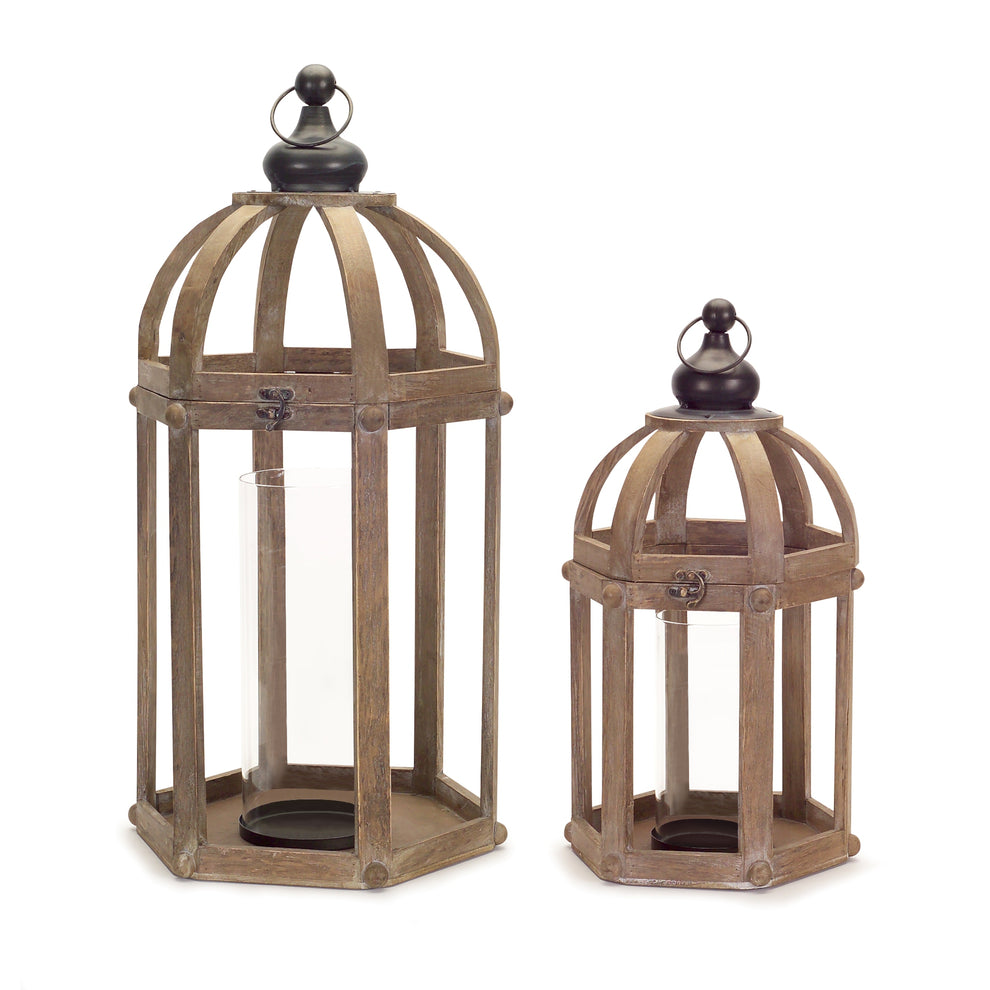 Set of Two Brown Wood and Glass Floor Lantern Candle Holders By Homeroots | Candle Holders | Modishstore - 2