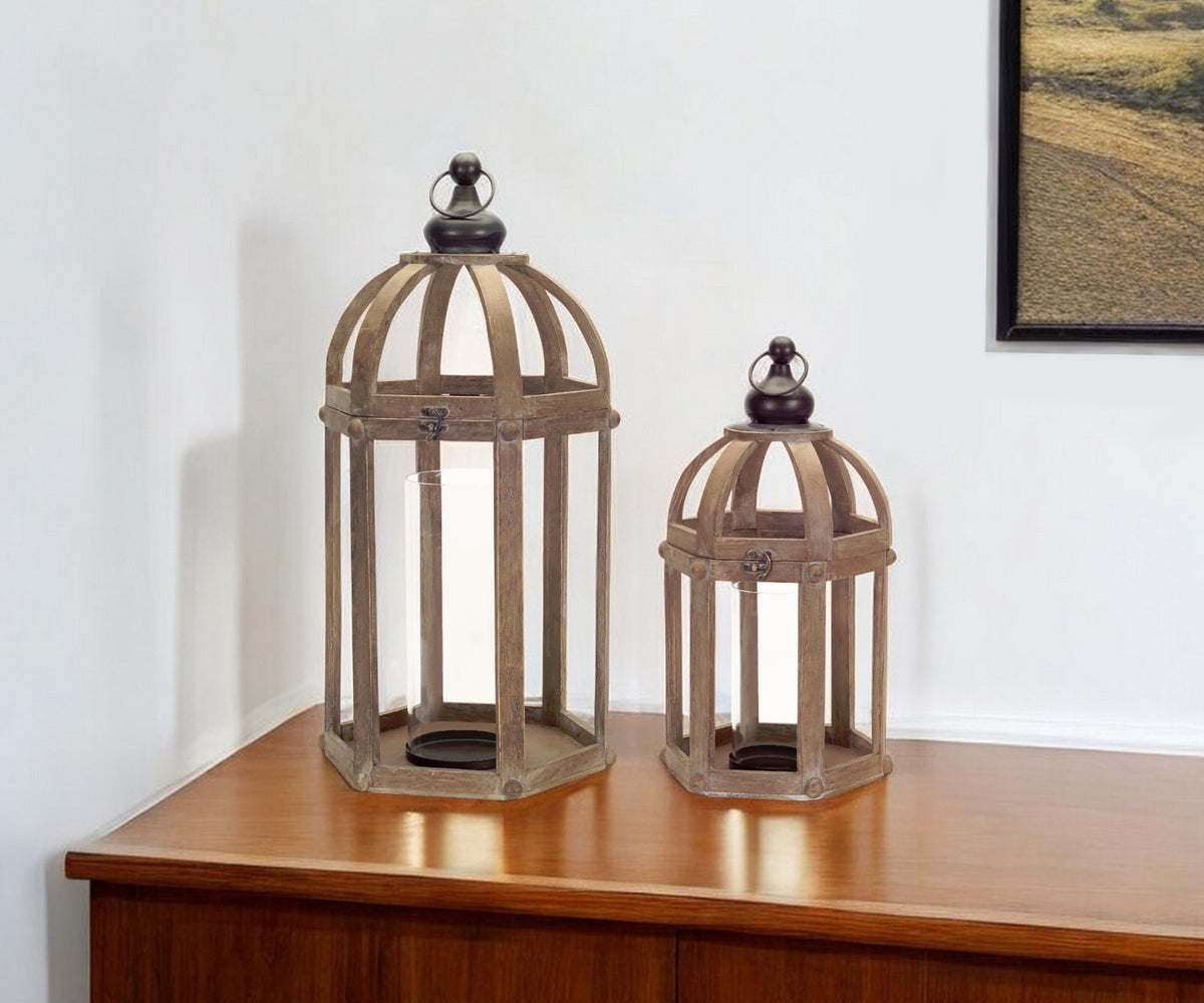 Set of Two Brown Wood and Glass Floor Lantern Candle Holders By Homeroots | Candle Holders | Modishstore - 1