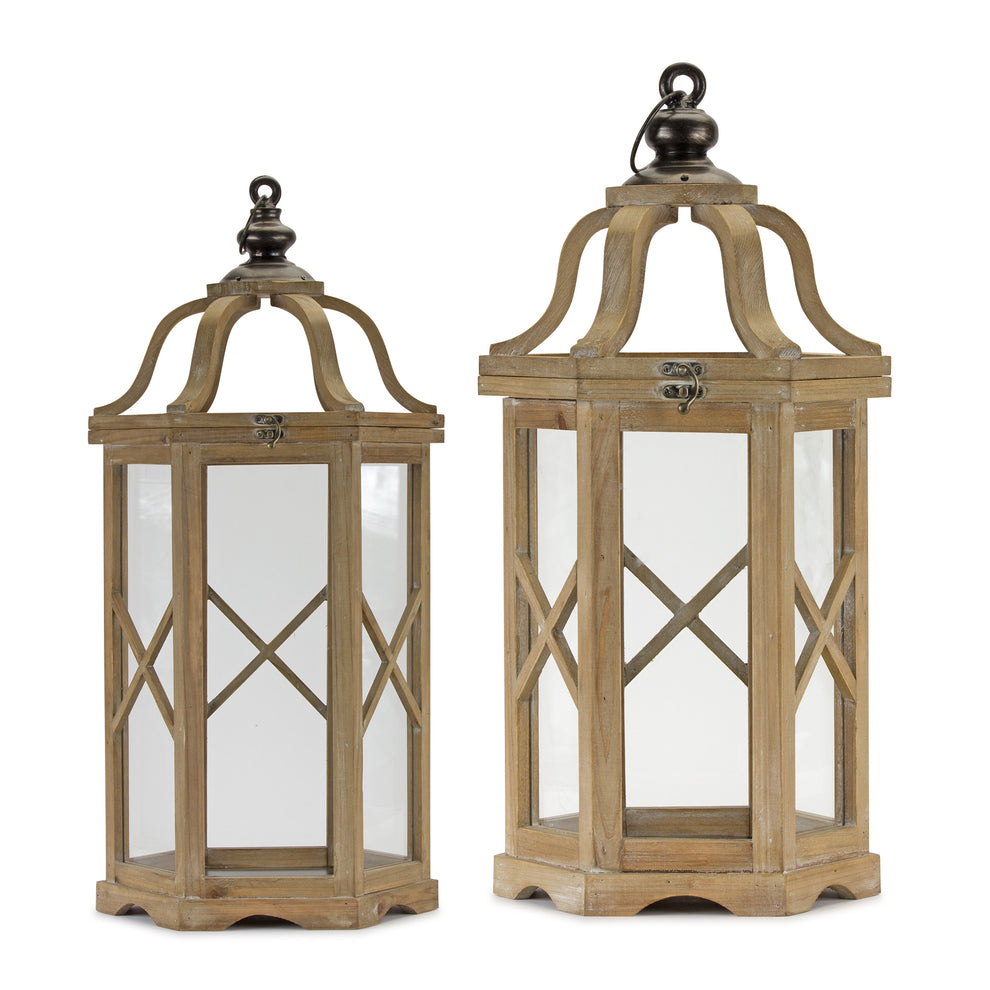 Set of Two Natural and Brown Wood and Metal Geometric Floor Lantern Candle Holders By Homeroots | Candle Holders | Modishstore - 2