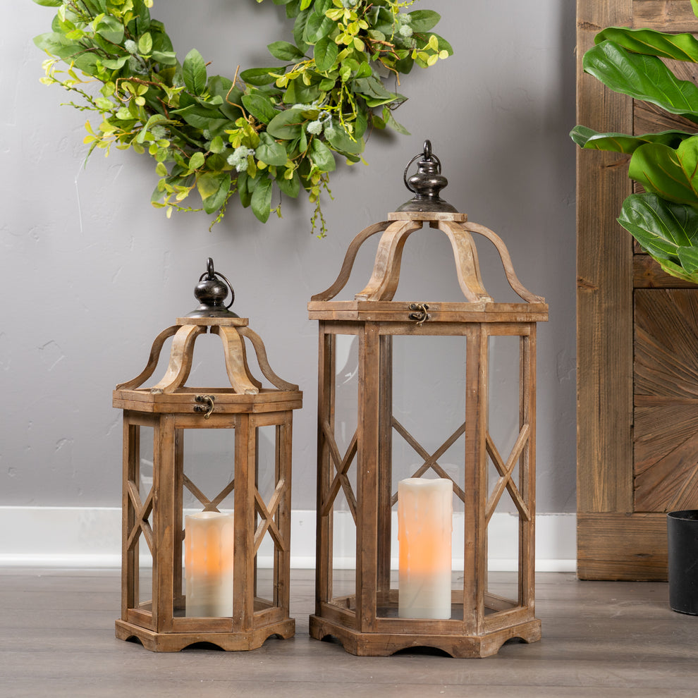 Set of Two Natural and Brown Wood and Metal Geometric Floor Lantern Candle Holders By Homeroots | Candle Holders | Modishstore - 7