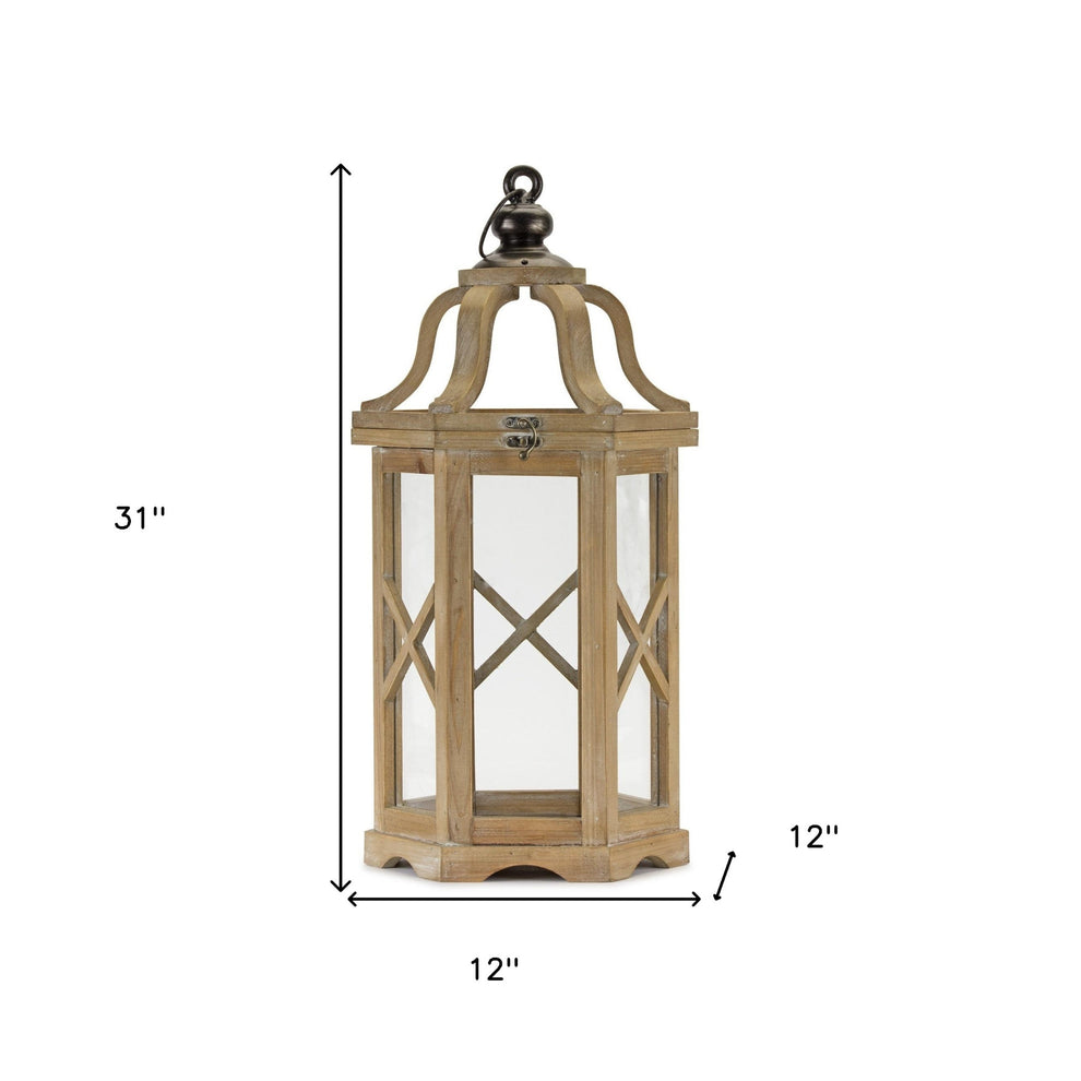 Set of Two Natural and Brown Wood and Metal Geometric Floor Lantern Candle Holders By Homeroots | Candle Holders | Modishstore - 6