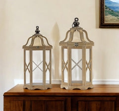 Set of Two Natural and Brown Wood and Metal Geometric Floor Lantern Candle Holders By Homeroots
