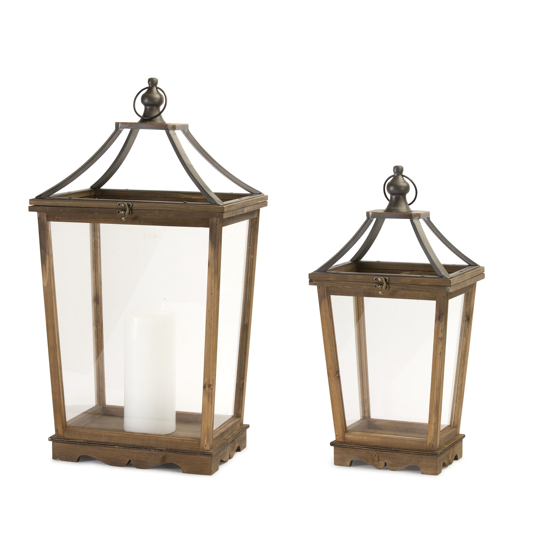 Set of Two Brown Wood and Metal Geometric Floor Lantern Candle Holders By Homeroots | Candle Holders | Modishstore - 2