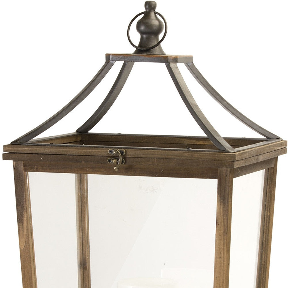 Set of Two Brown Wood and Metal Geometric Floor Lantern Candle Holders By Homeroots | Candle Holders | Modishstore - 3