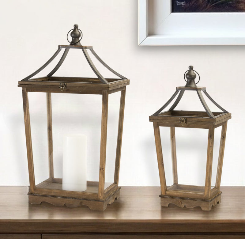 Set of Two Brown Wood and Metal Geometric Floor Lantern Candle Holders By Homeroots | Candle Holders | Modishstore - 1