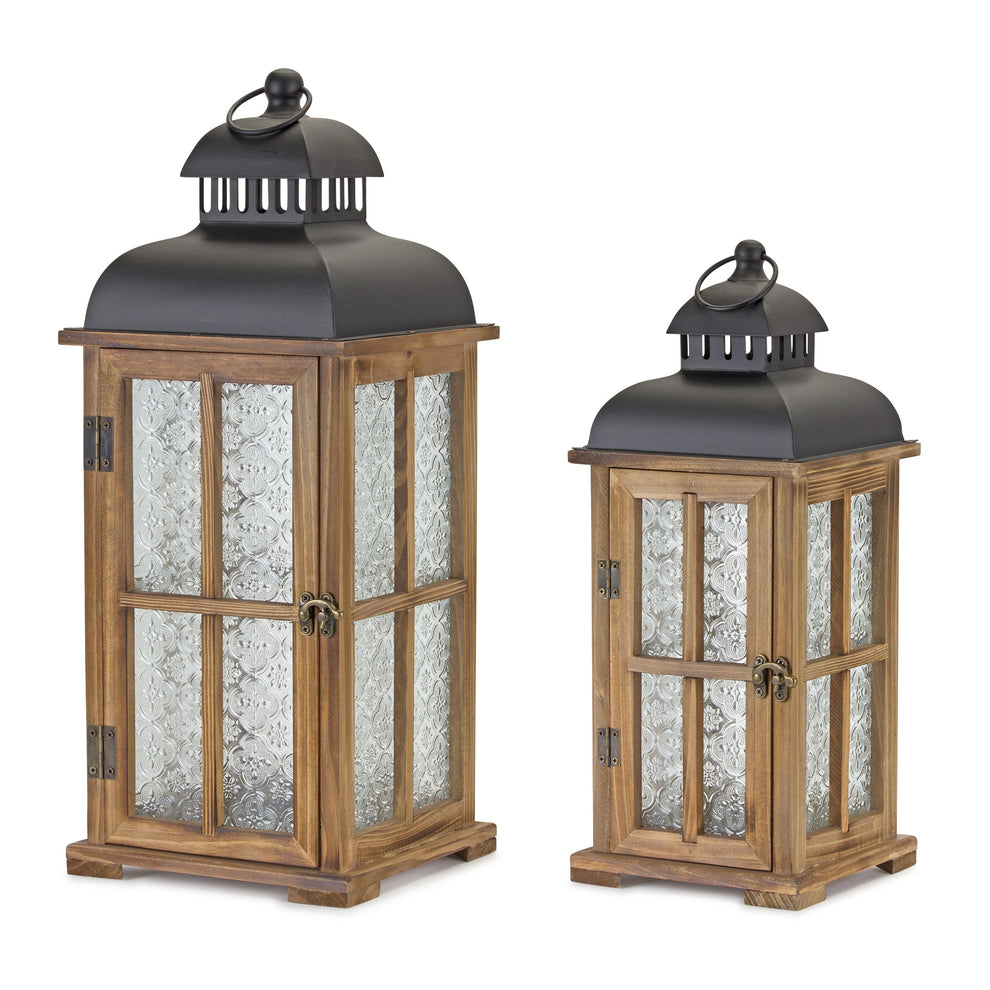 Set of Two Brown and Black Frosted Glass Wood and Metal Floor Lantern Candle Holders By Homeroots | Candle Holders | Modishstore - 2