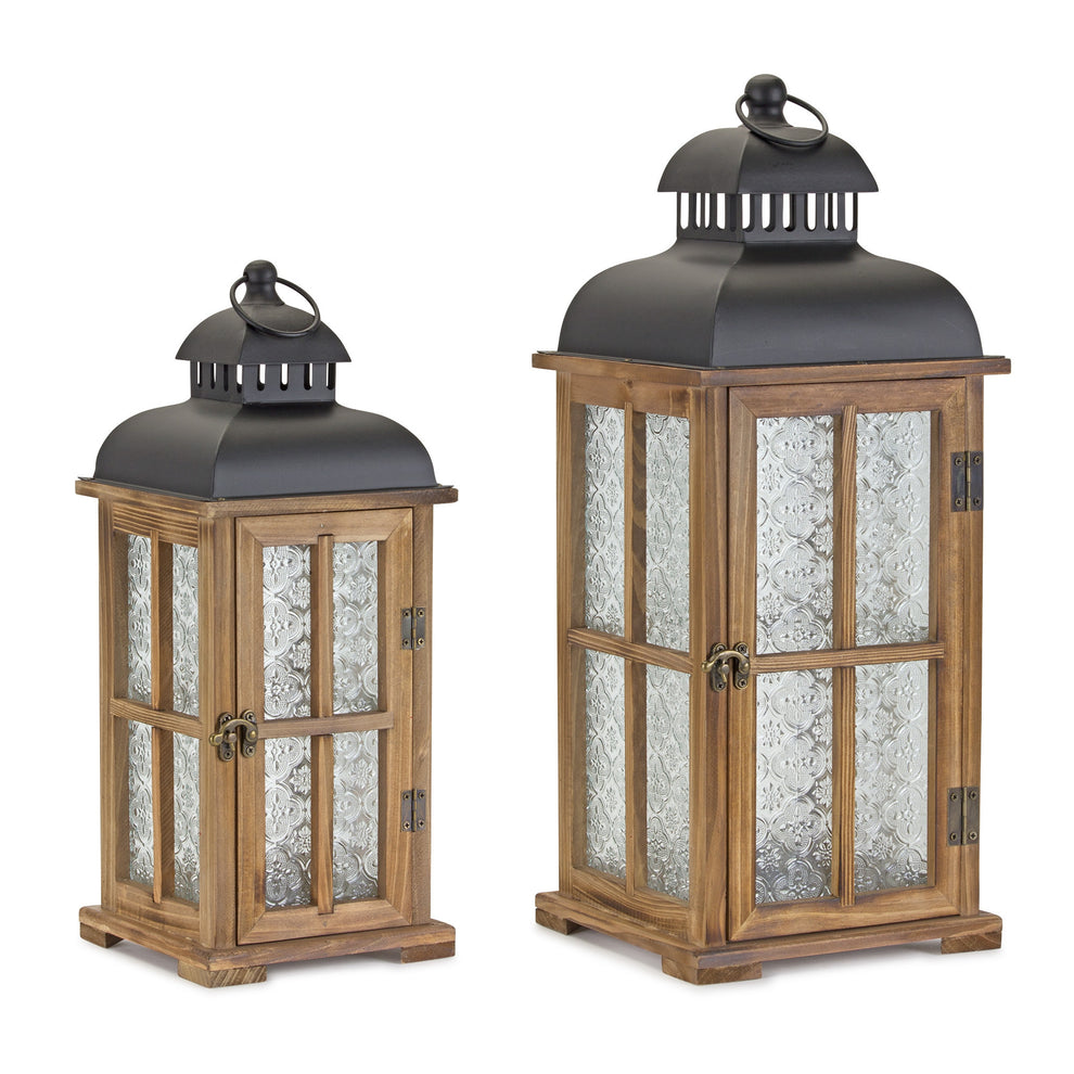 Set of Two Brown and Black Frosted Glass Wood and Metal Floor Lantern Candle Holders By Homeroots | Candle Holders | Modishstore - 5