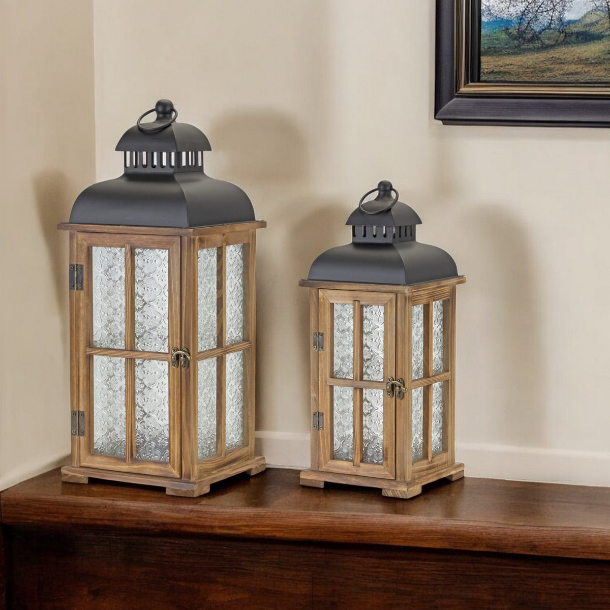 Set of Two Brown and Black Frosted Glass Wood and Metal Floor Lantern Candle Holders By Homeroots | Candle Holders | Modishstore - 1