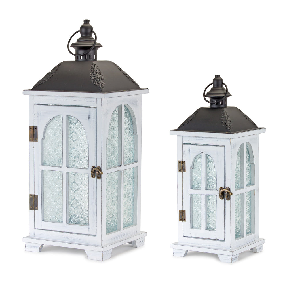 Set of Two White and Black Glass Wood and Metal Ornate Floor Lantern Candle Holders By Homeroots | Candle Holders | Modishstore - 2