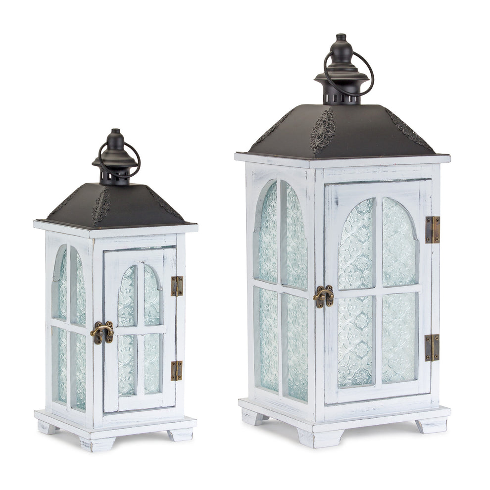 Set of Two White and Black Glass Wood and Metal Ornate Floor Lantern Candle Holders By Homeroots | Candle Holders | Modishstore - 5