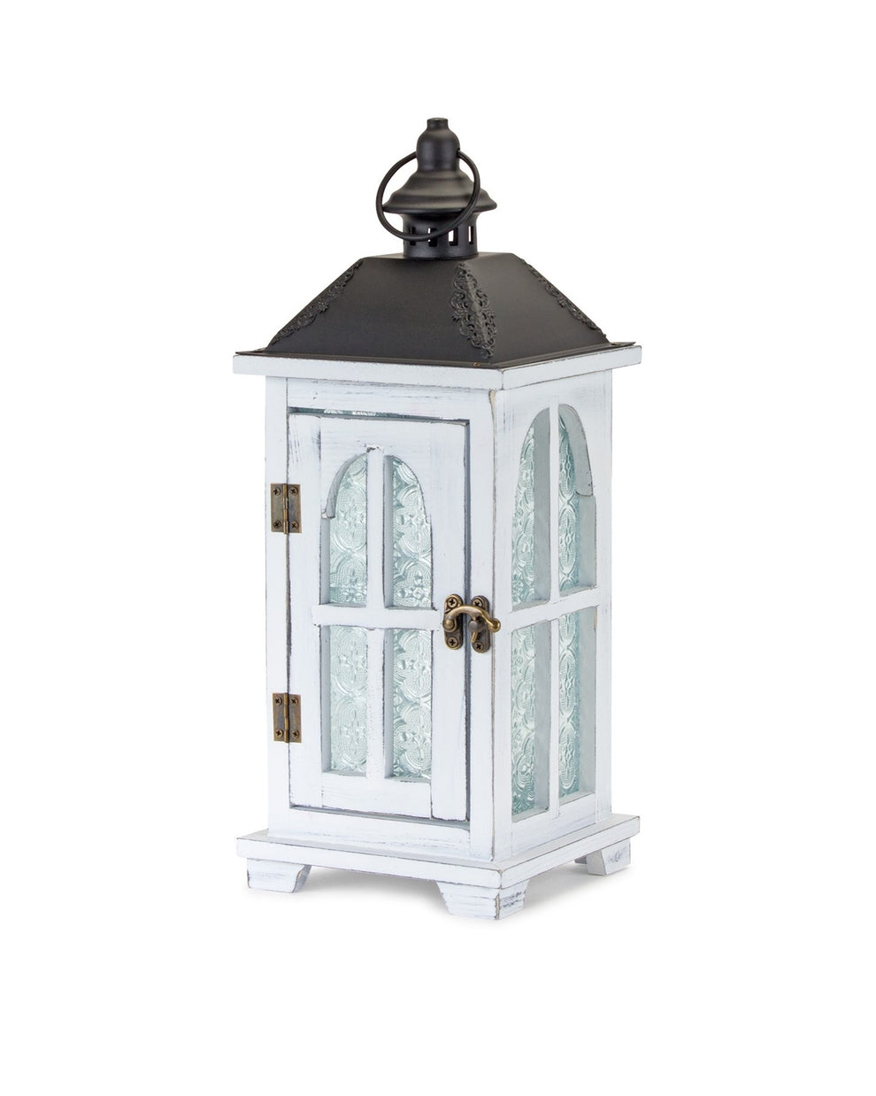 Set of Two White and Black Glass Wood and Metal Ornate Floor Lantern Candle Holders By Homeroots | Candle Holders | Modishstore - 4