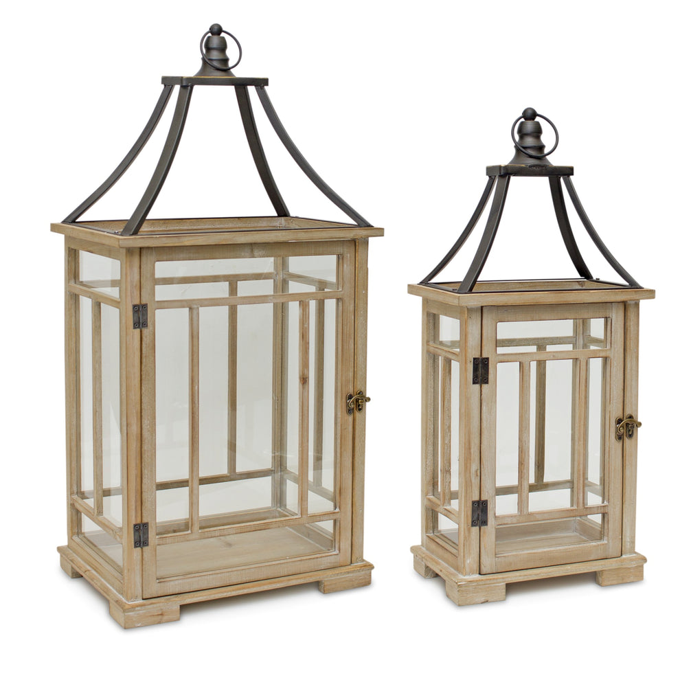 Set of Two Brown and Black Wood and Metal Geometric Tabletop Lantern Candle Holders By Homeroots | Candle Holders | Modishstore - 4