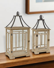 Set of Two Brown and Black Wood and Metal Geometric Tabletop Lantern Candle Holders By Homeroots