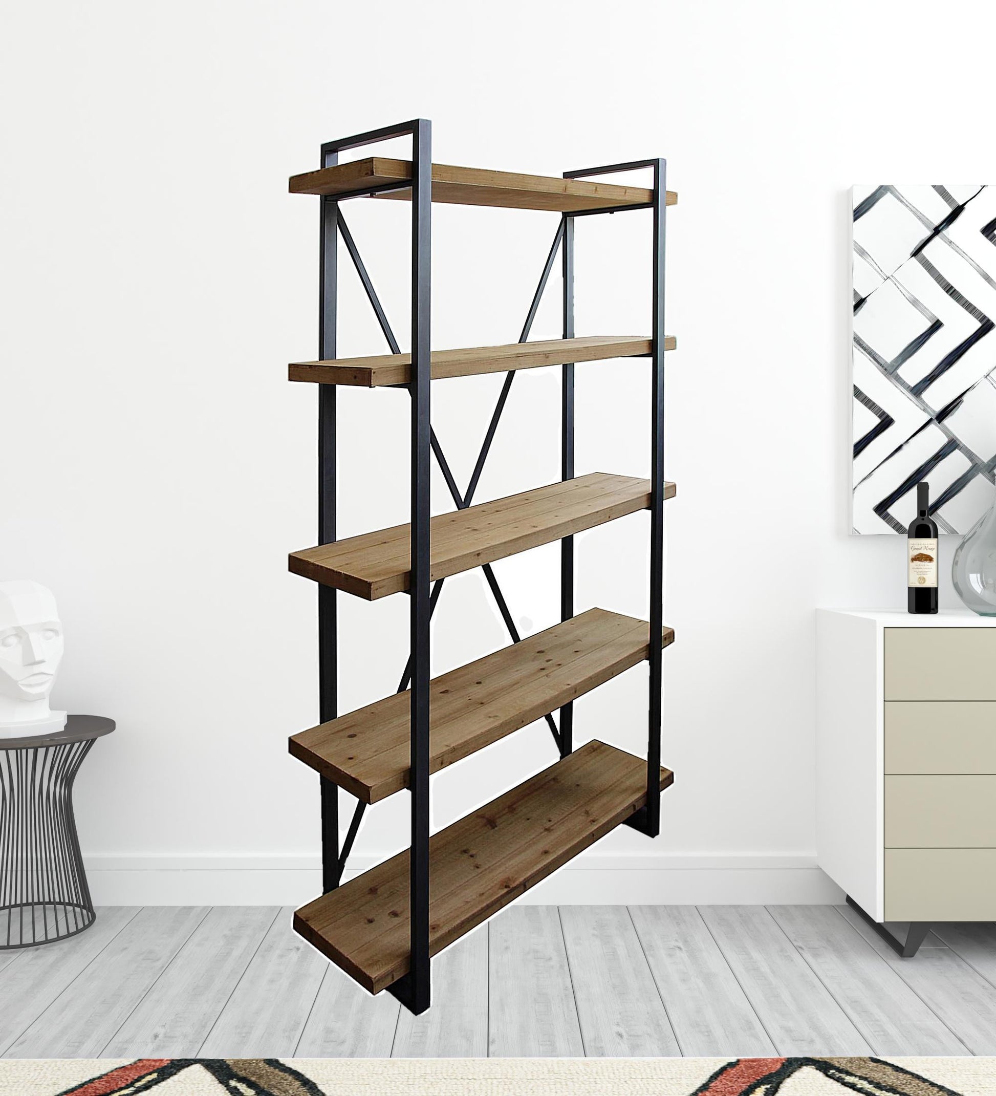 Natural Metal and Wood Five Tier Bookcase By Homeroots | Bookcases | Modishstore - 3