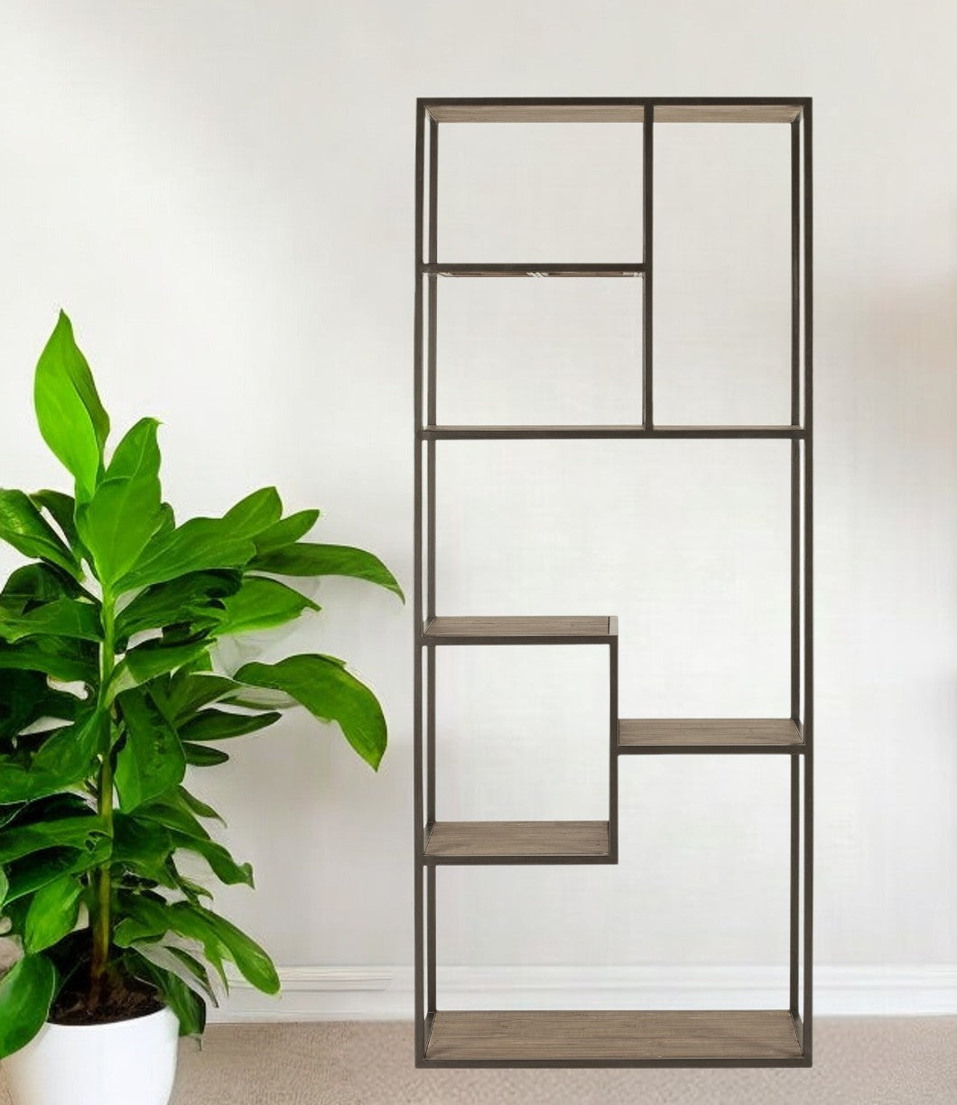 Brown And Natural Metal and Wood Seven Tier Bookcase By Homeroots | Bookcases | Modishstore - 1