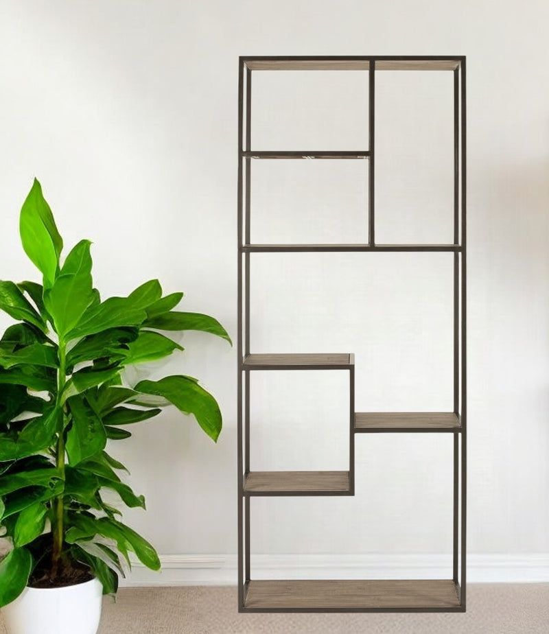 Brown And Natural Metal and Wood Seven Tier Bookcase By Homeroots | Bookcases | Modishstore - 1