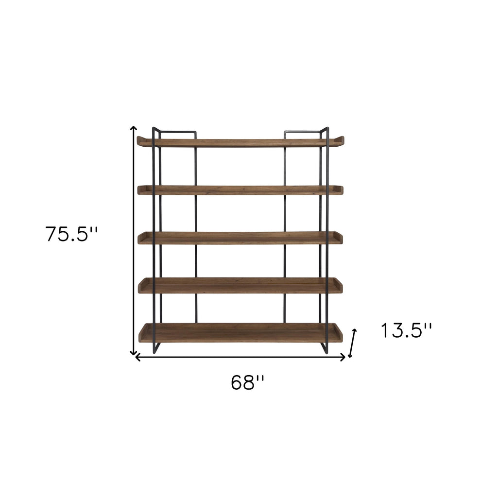 Brown and Black Metal and Wood Five Tier Bookcase By Homeroots | Bookcases | Modishstore - 4