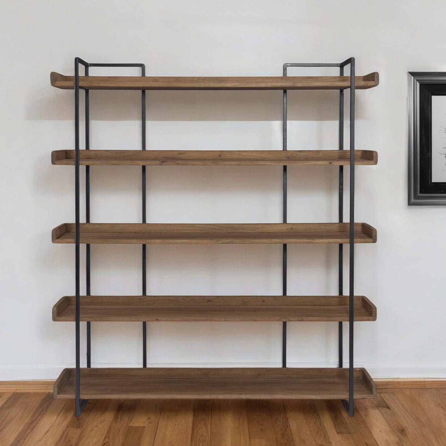 Brown and Black Metal and Wood Five Tier Bookcase By Homeroots | Bookcases | Modishstore - 1