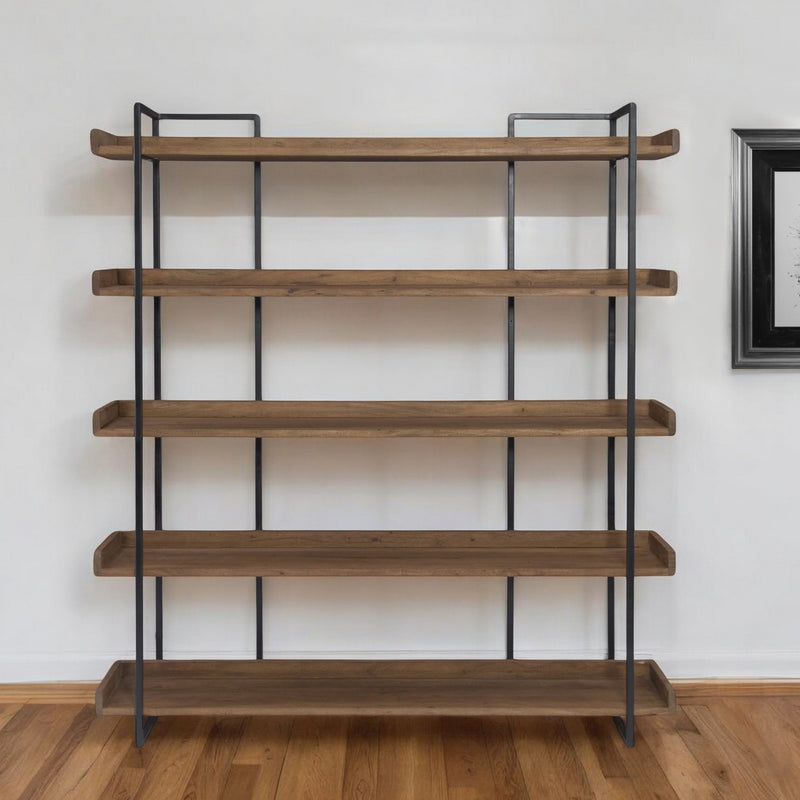 Brown and Black Metal and Wood Five Tier Bookcase By Homeroots | Bookcases | Modishstore - 1
