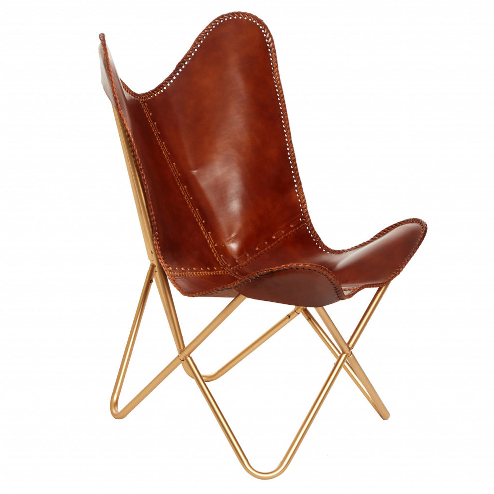 Brown and Gold Genuine Leather Butterfly Chair By Homeroots | Accent Chairs | Modishstore - 2