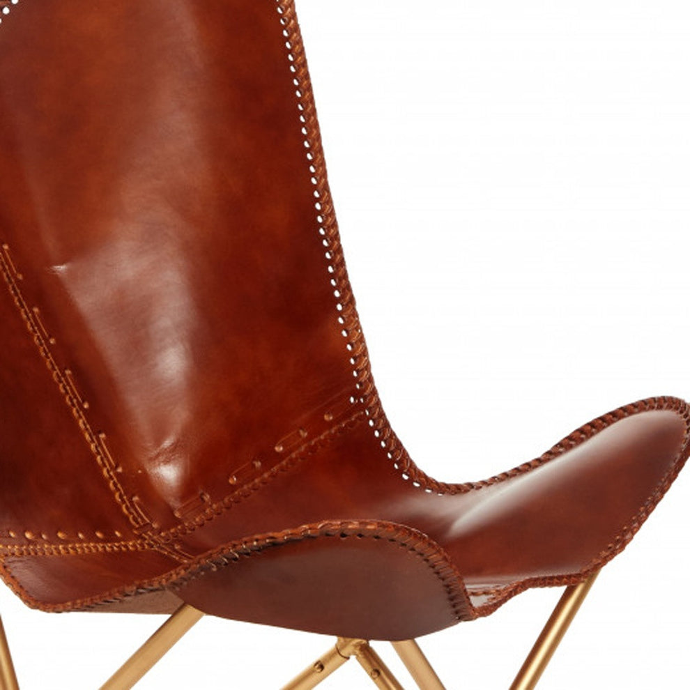 Brown and Gold Genuine Leather Butterfly Chair By Homeroots | Accent Chairs | Modishstore - 3