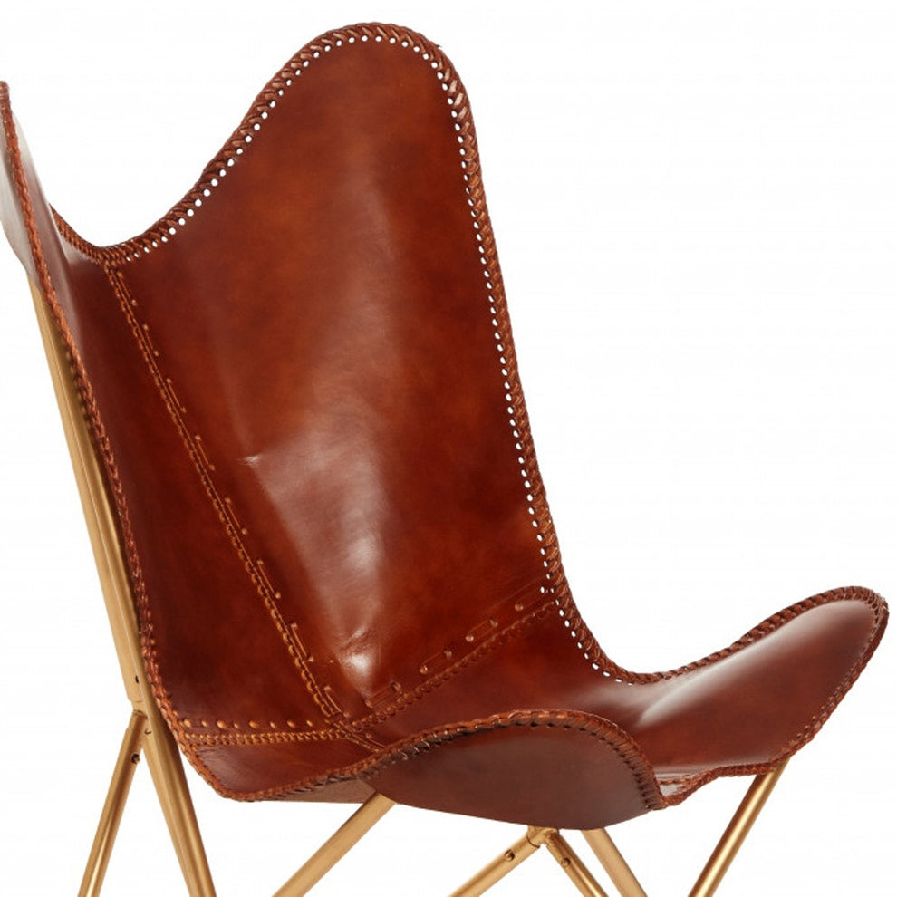 Brown and Gold Genuine Leather Butterfly Chair By Homeroots | Accent Chairs | Modishstore - 4