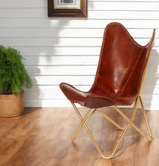 Brown and Gold Genuine Leather Butterfly Chair By Homeroots