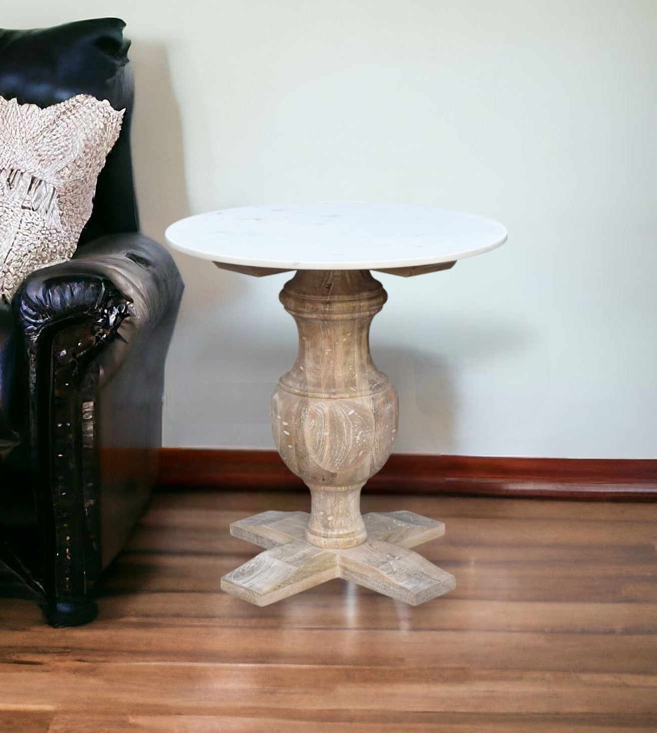 Brown Marble And Solid Wood Round End Table By Homeroots | End Tables | Modishstore - 2