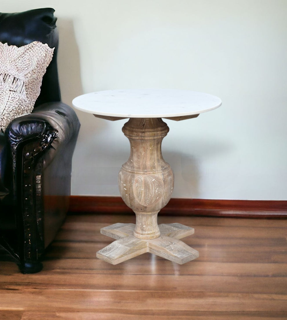 Brown Marble And Solid Wood Round End Table By Homeroots | End Tables | Modishstore - 2