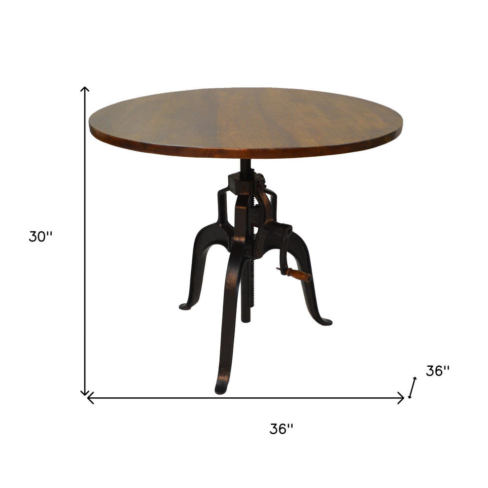 Adjustable Height Brown And Black Solid Wood And Iron Pedestal Base Round Top Dining Table By Homeroots | Dining Tables | Modishstore - 4