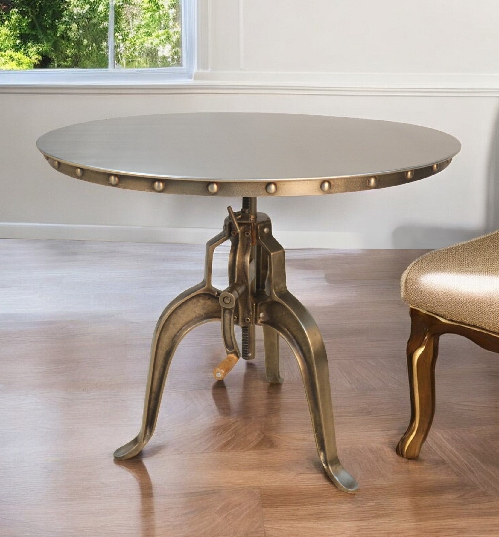 Adjustable Height Antiqued Nickel Three Leg Base Round Top Dining Table By Homeroots | Dining Tables | Modishstore - 1