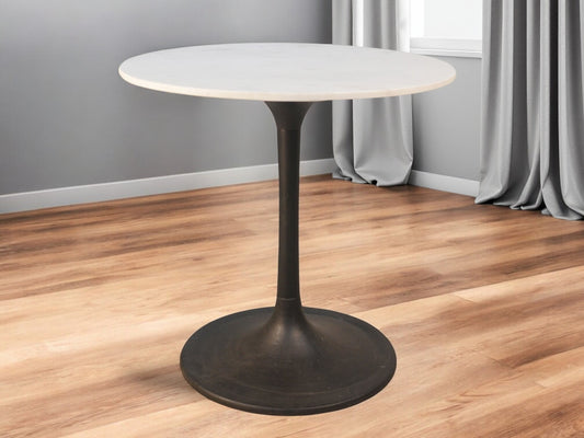 White And Black Rounded Marble And Iron Pedestal Base Dining Table By Homeroots | Dining Tables | Modishstore - 1
