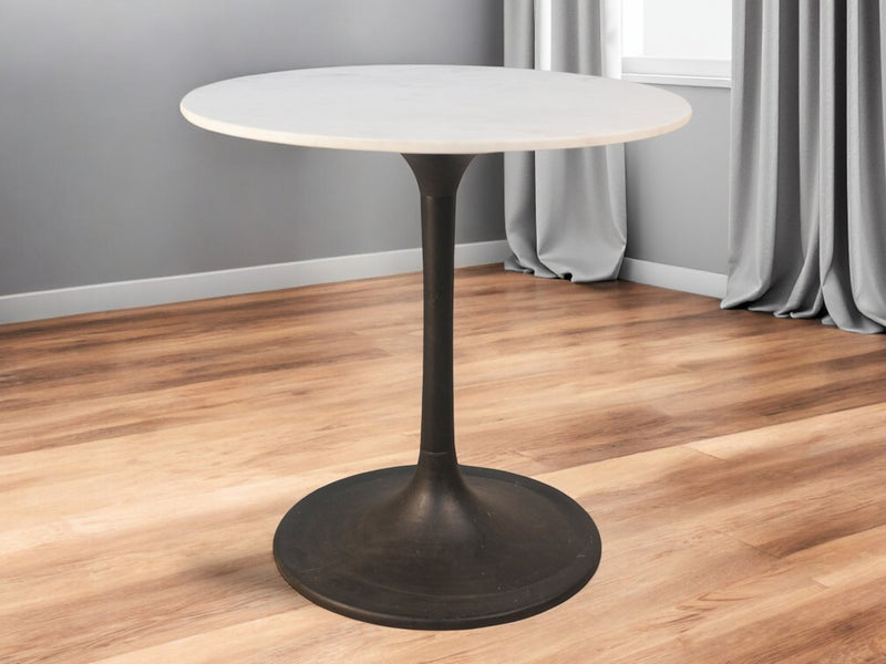 White And Black Rounded Marble And Iron Pedestal Base Dining Table By Homeroots | Dining Tables | Modishstore - 1