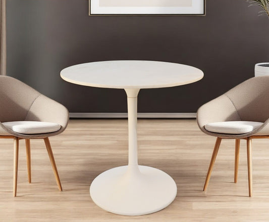 White Rounded Marble And Iron Pedestal Base Dining Table By Homeroots | Dining Tables | Modishstore - 1