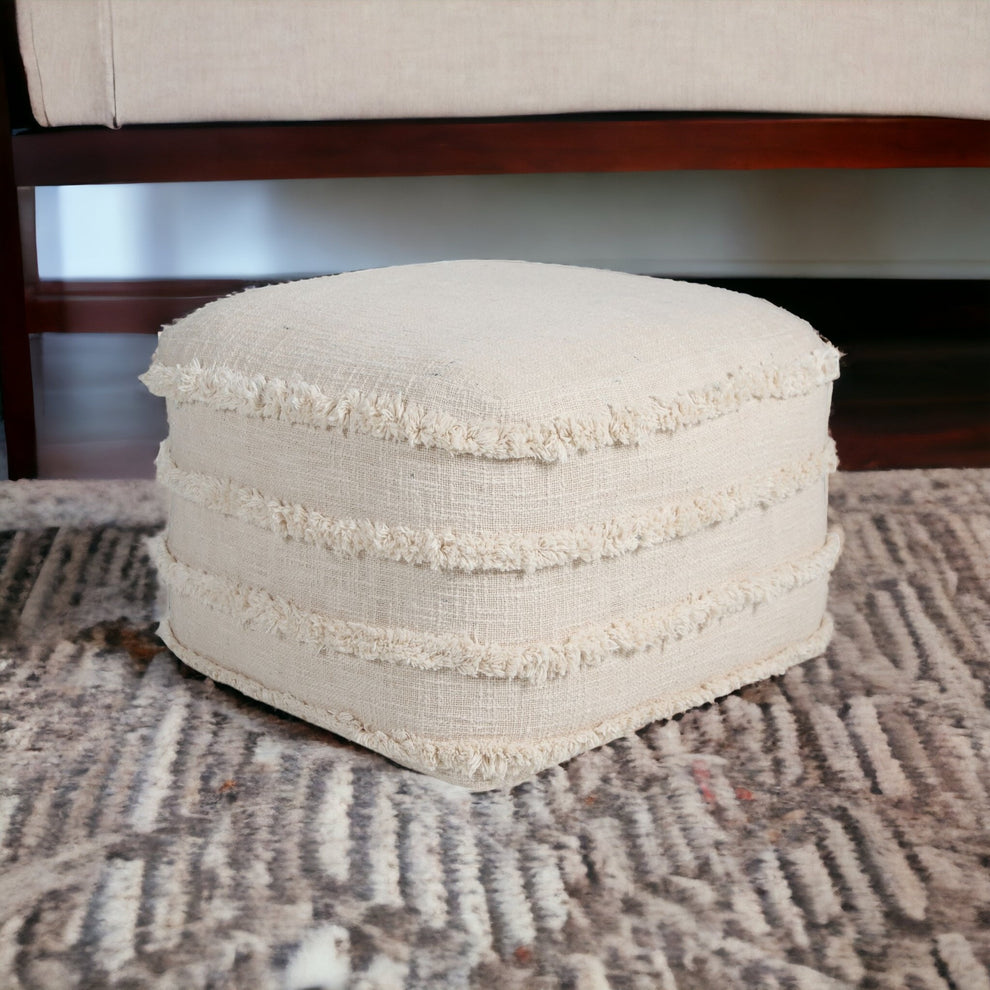 Cream Cotton Tufted Stripe Cube Pouf Ottoman By Homeroots | Ottomans | Modishstore - 3