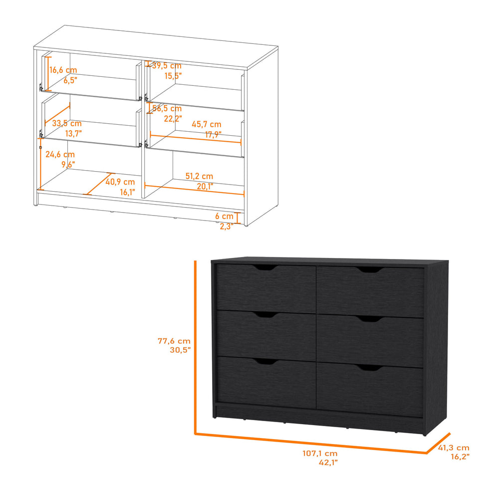 Black Manufactured Wood Six Drawer Modern Dresser By Homeroots | Dressers | Modishstore - 6