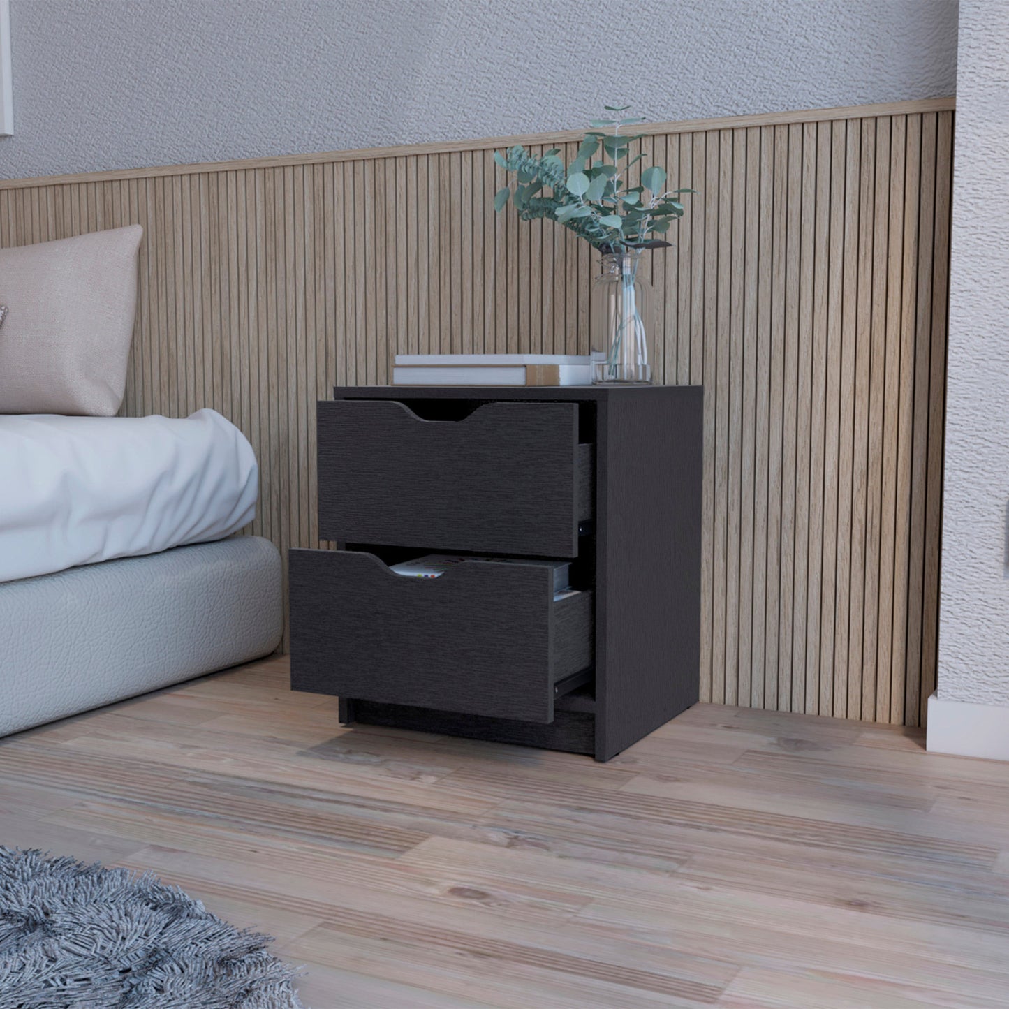 Black Two Drawer Nightstand With Integrated Tech By Homeroots | Nightstands | Modishstore - 3