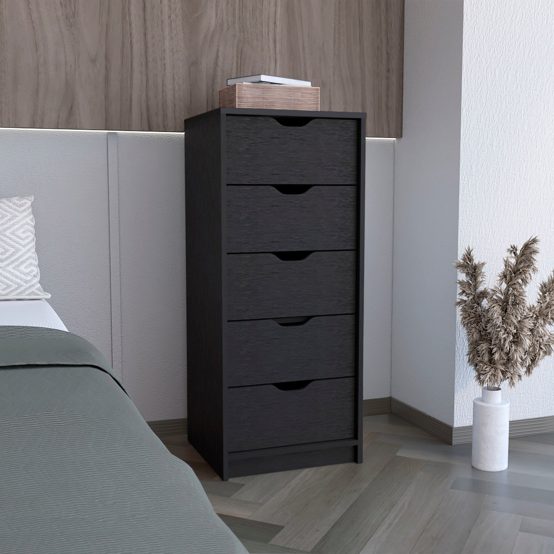 Black Charcoal Manufactured Wood Five Drawer Tall and Narrow Dresser By Homeroots | Dressers | Modishstore - 1