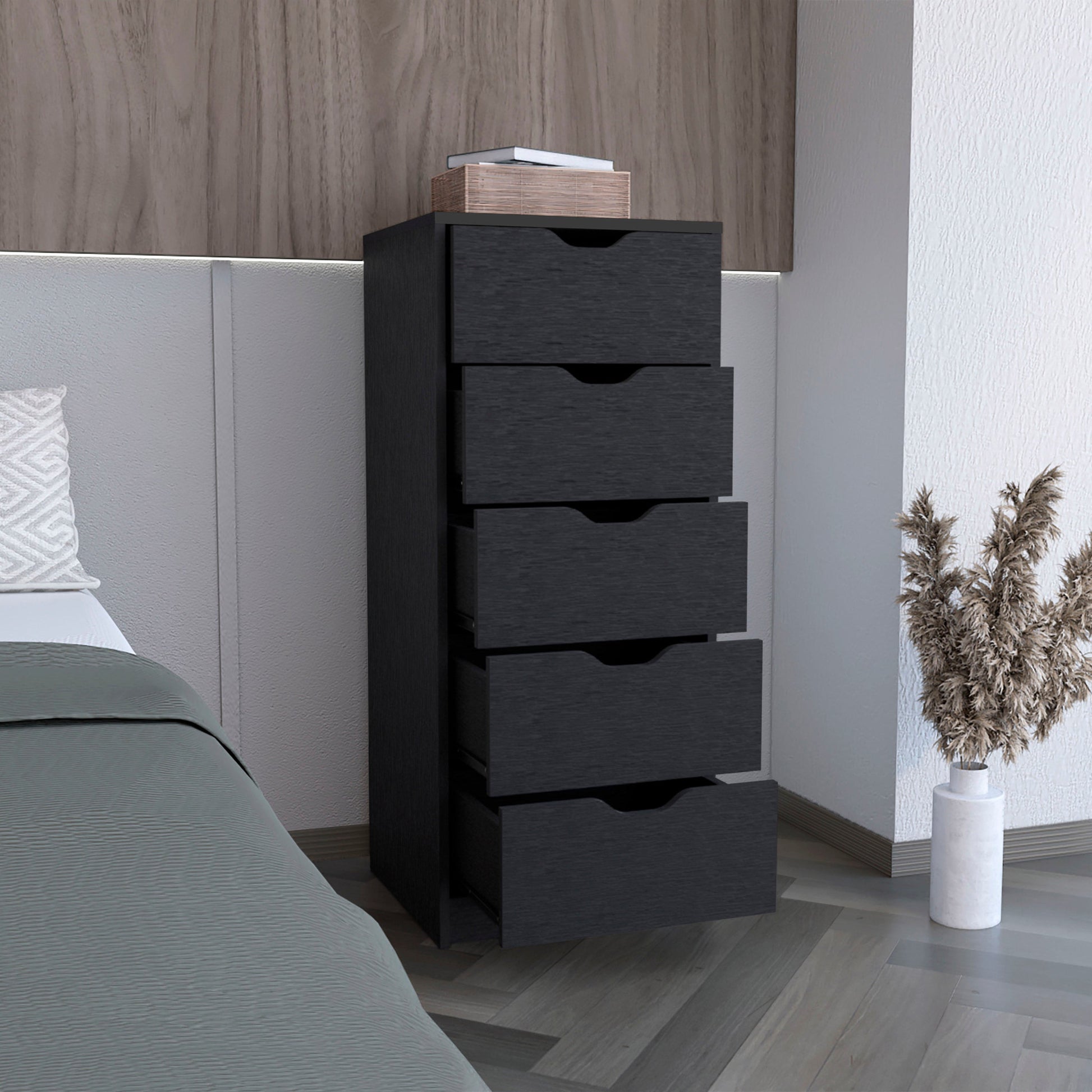 Homeroots 18 inch Black Charcoal Manufactured Wood Five Drawer Tall and Narrow Dresser Homeroots 18 inch Black Charcoal Manufactured Wood Five Drawer Tall and Narrow Dresser