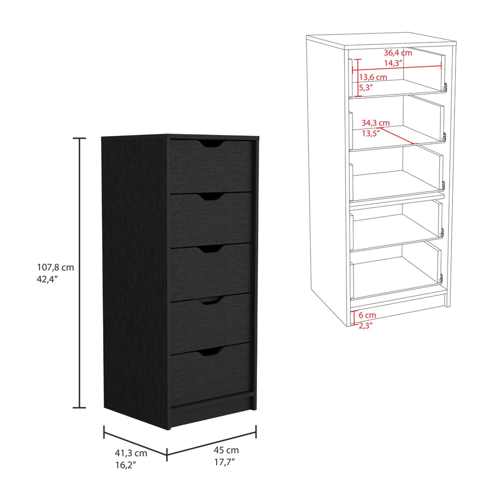 Black Charcoal Manufactured Wood Five Drawer Tall and Narrow Dresser By Homeroots | Dressers | Modishstore - 7