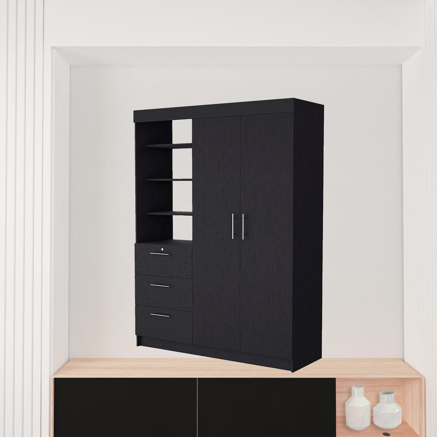 Black Accent Cabinet Soft Close With Three Shelves And One Drawer By Homeroots | Dressers | Modishstore - 3