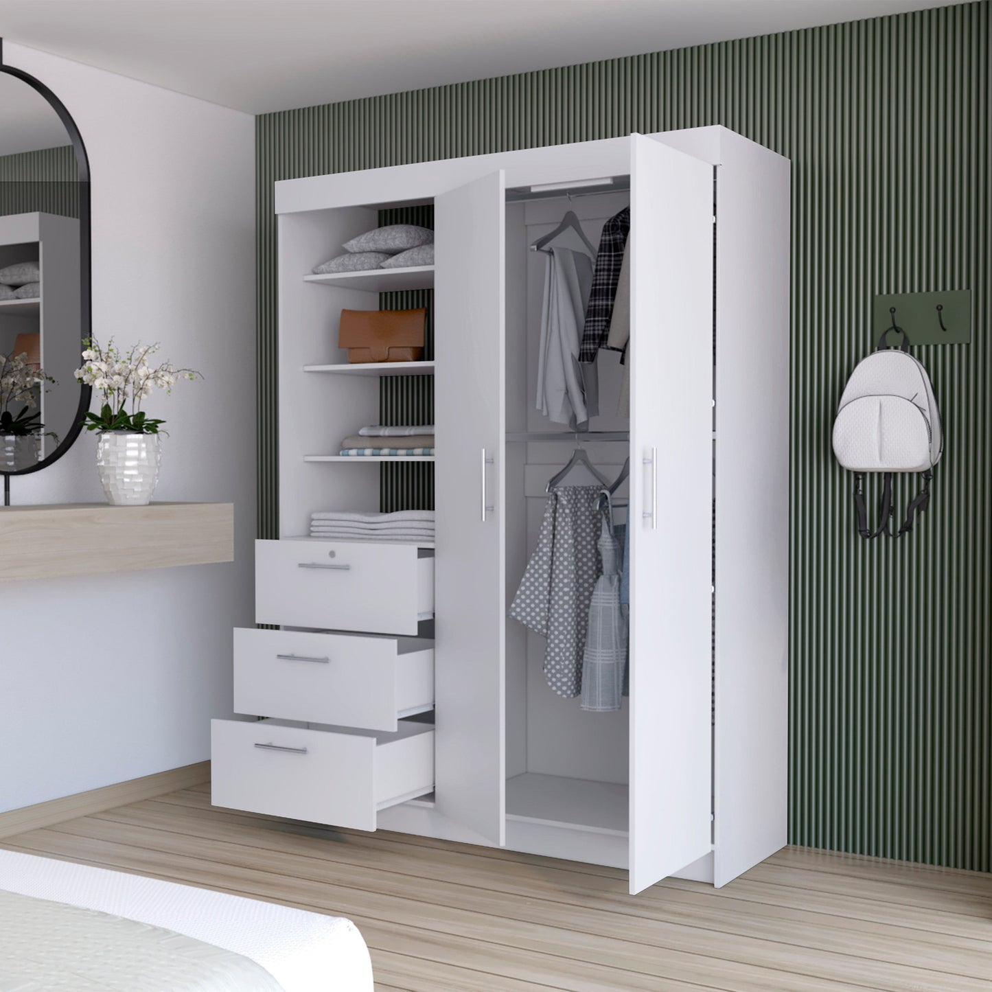 White Accent Cabinet Soft Close With Three Shelves And Three Drawers By Homeroots | Dressers | Modishstore - 5