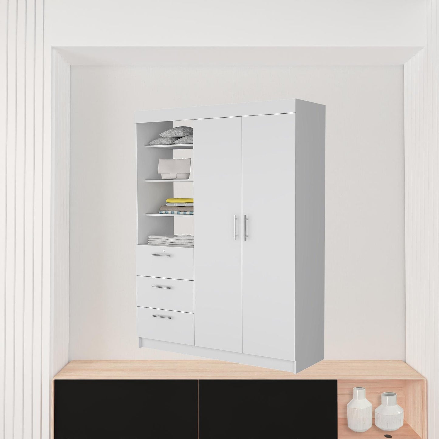 White Accent Cabinet Soft Close With Three Shelves And Three Drawers By Homeroots | Dressers | Modishstore - 4