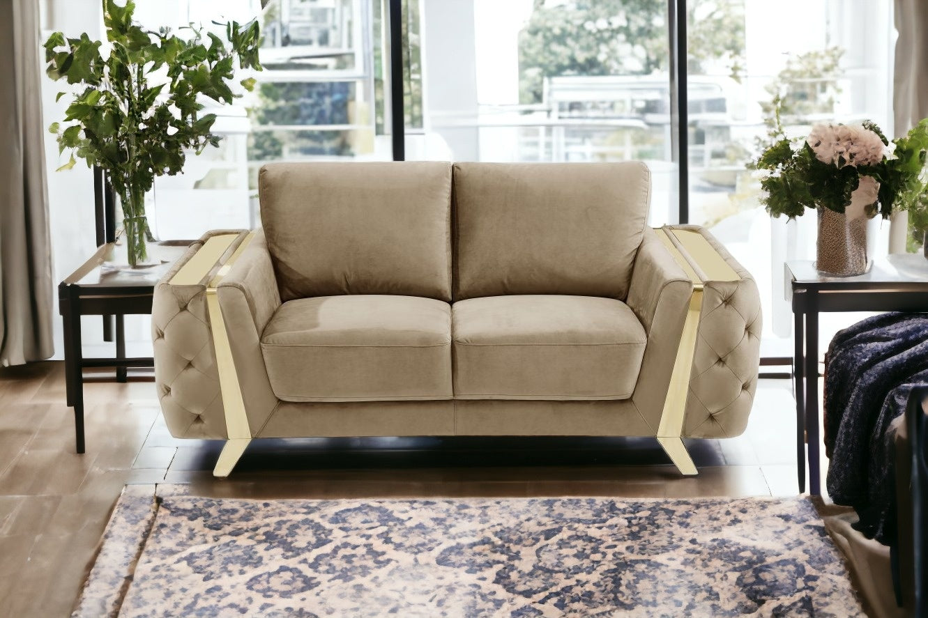 Beige And Gold Velvet Loveseat By Homeroots | Loveseats | Modishstore - 1
