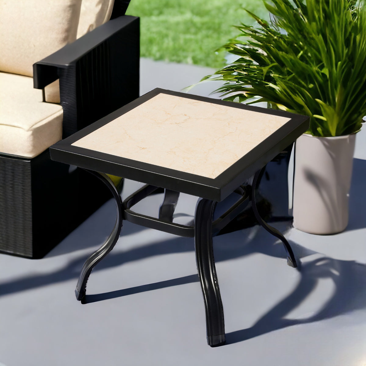 Beige and Ivory Square Ceramic Outdoor Side Table By Homeroots | Outdoor Tables | Modishstore - 1